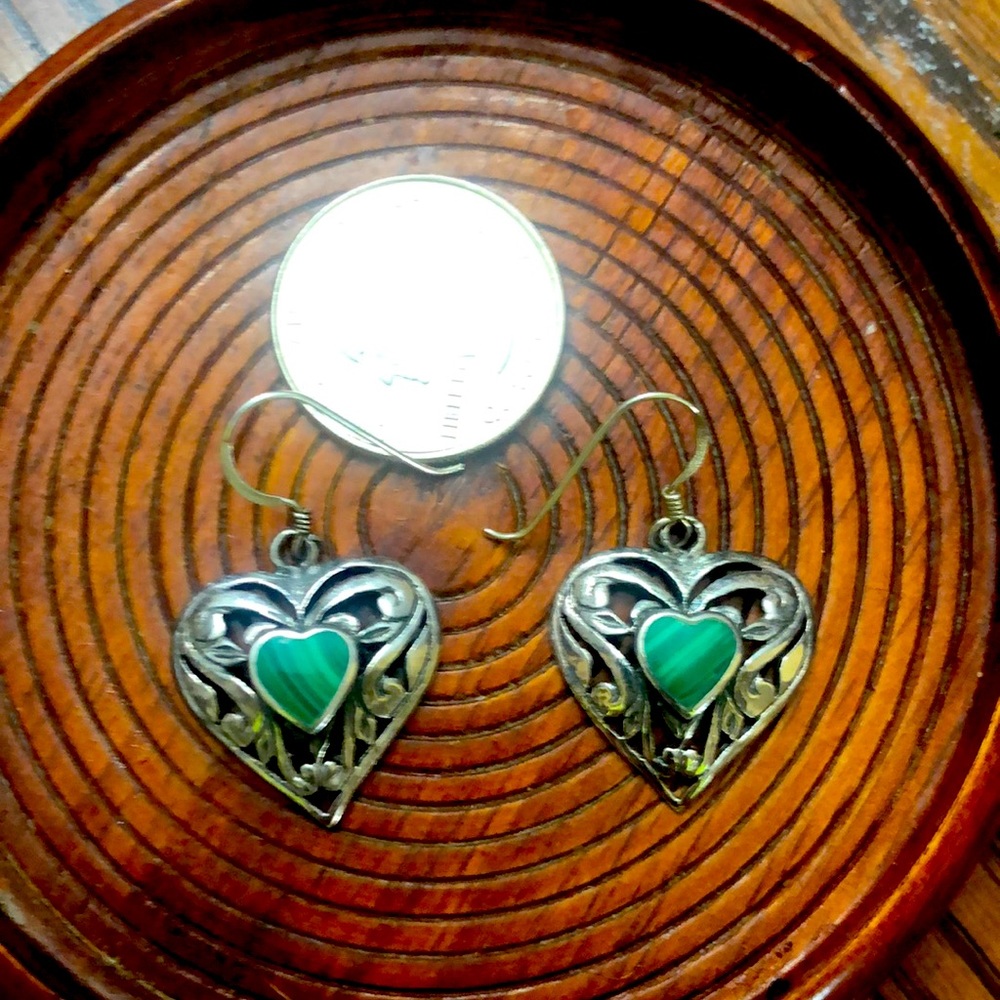 Bali style scroll filigree turquoise heart shaped earrings